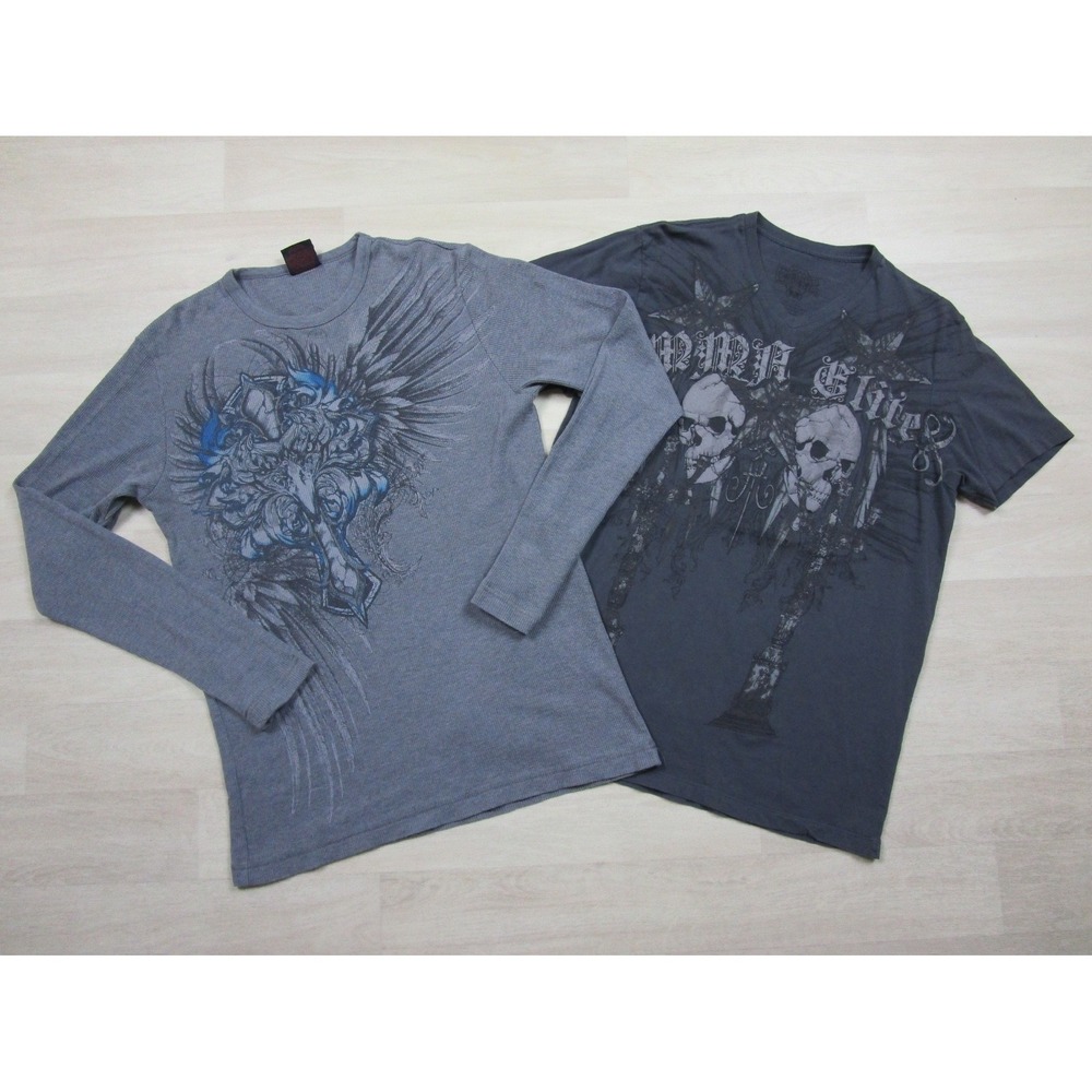 Vintage Y2K MMA Elite T-Shirt Men's (M/L) Grey Thermal Waffle‎ Knit Lot of 2